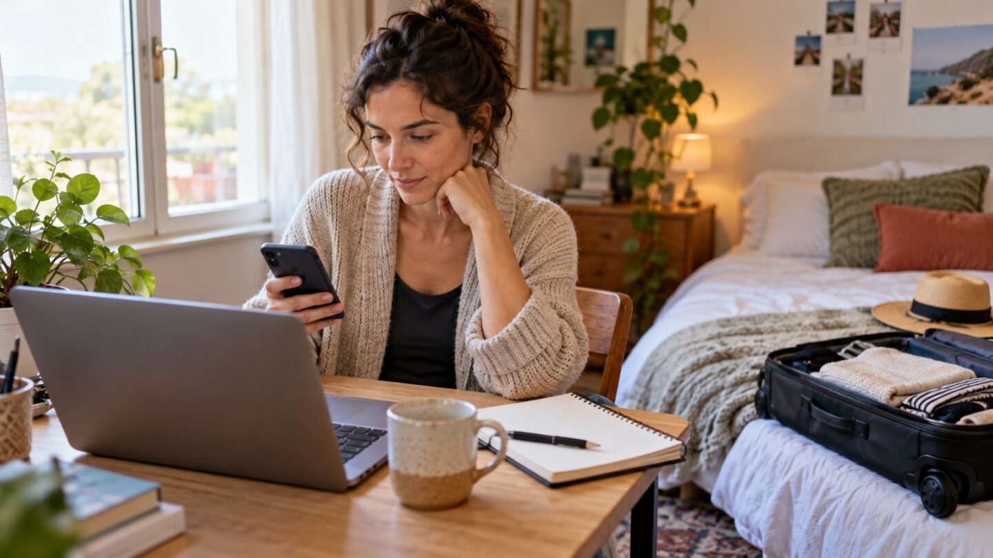 Woman organizing travel from cozy home office