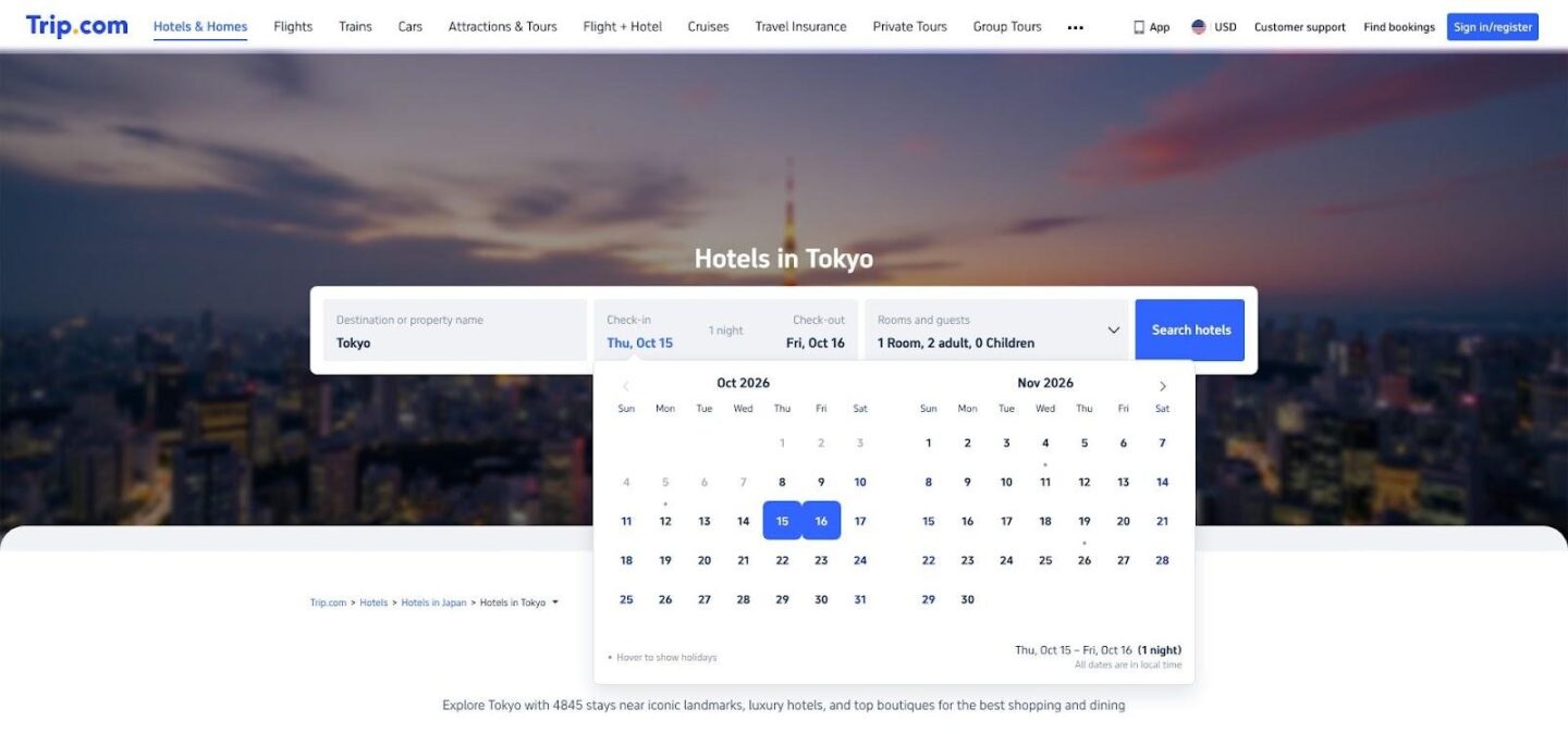 Trip.com Tokyo hotel search interface with scenic skyline