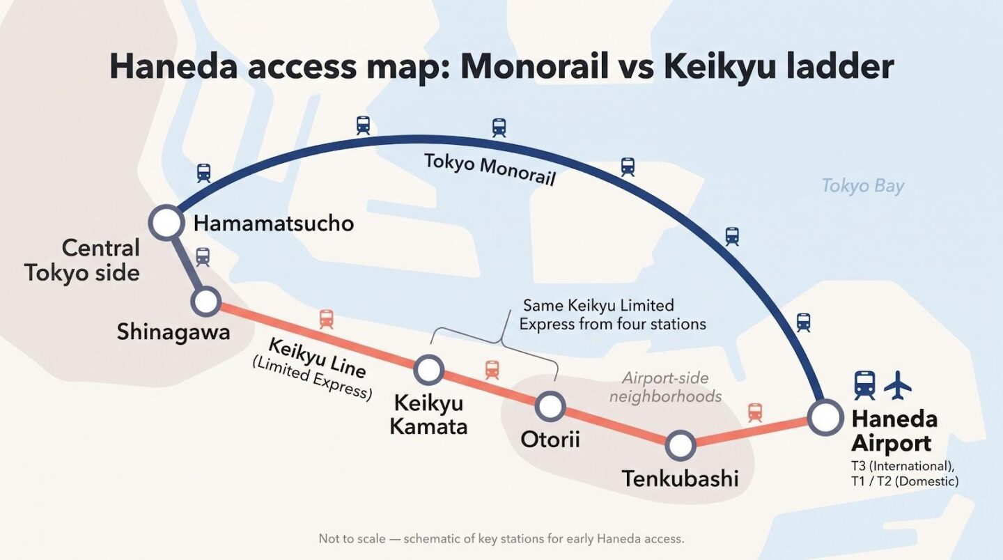 Haneda Airport access map comparing Monorail and Keikyu routes.