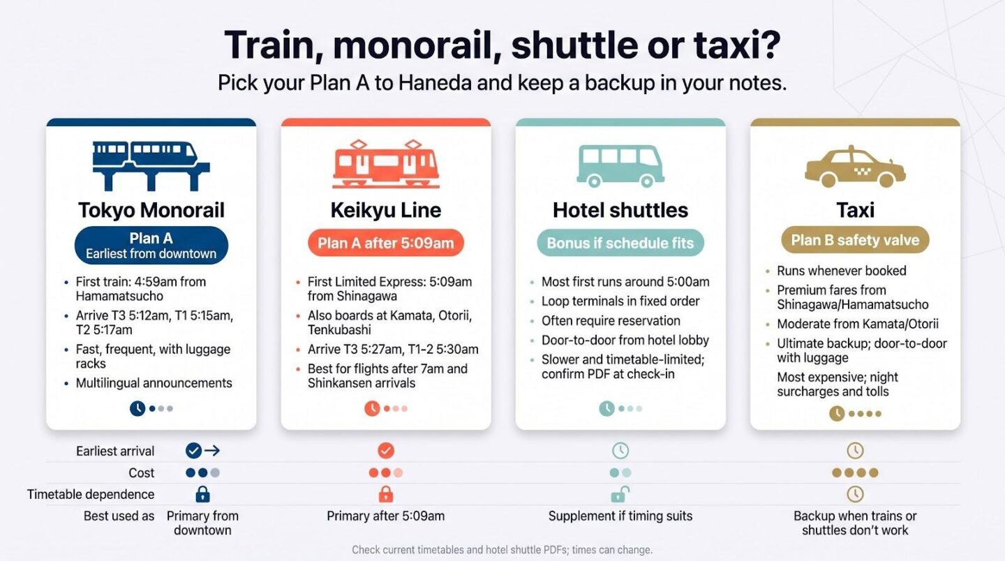 Transportation options to Haneda with details on trains, monorail, shuttle, and taxi.